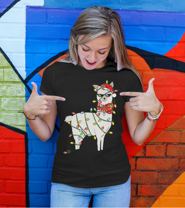 Llama Santa Hat Wrapped In Holiday Lights Christmas Tree T-Shirt