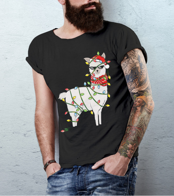 Llama Santa Hat Wrapped In Holiday Lights Christmas Tree T-Shirt