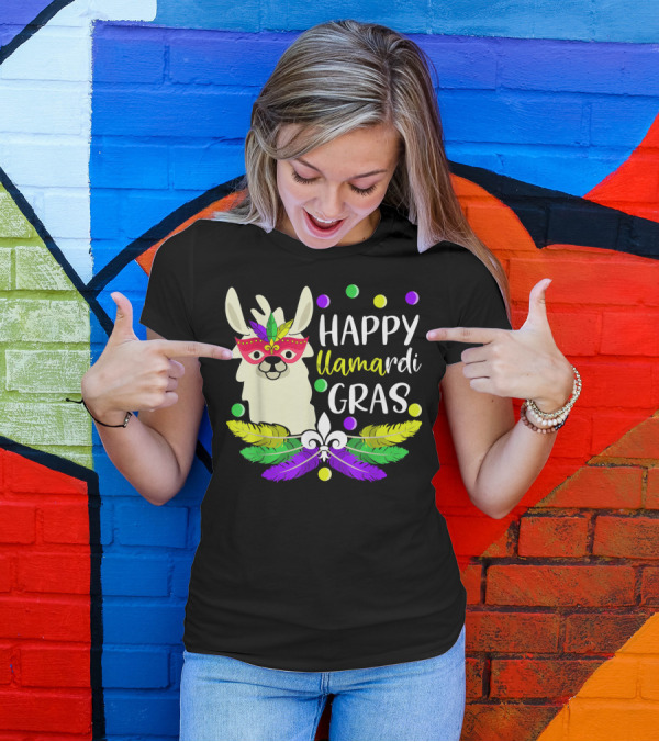 Happy Llamardi Gras Beads Lover Mardi With Mask And Feathers T-Shirt