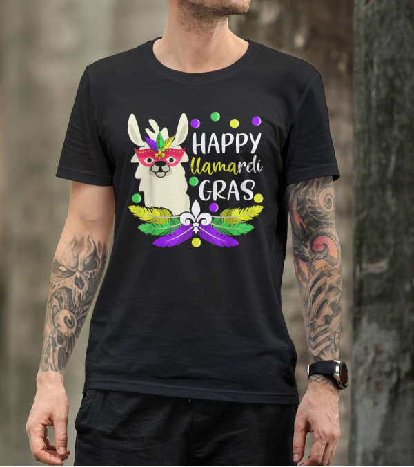Happy Llamardi Gras Beads Lover Mardi With Mask And Feathers T-Shirt
