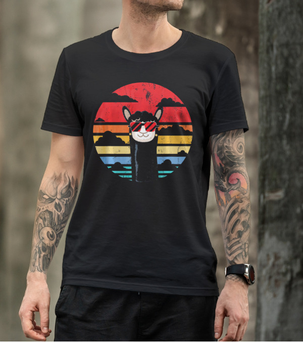 Llama Alpaca Retro Peru Style With Sunglasses In Vintage Sunset Stripes T-Shirt