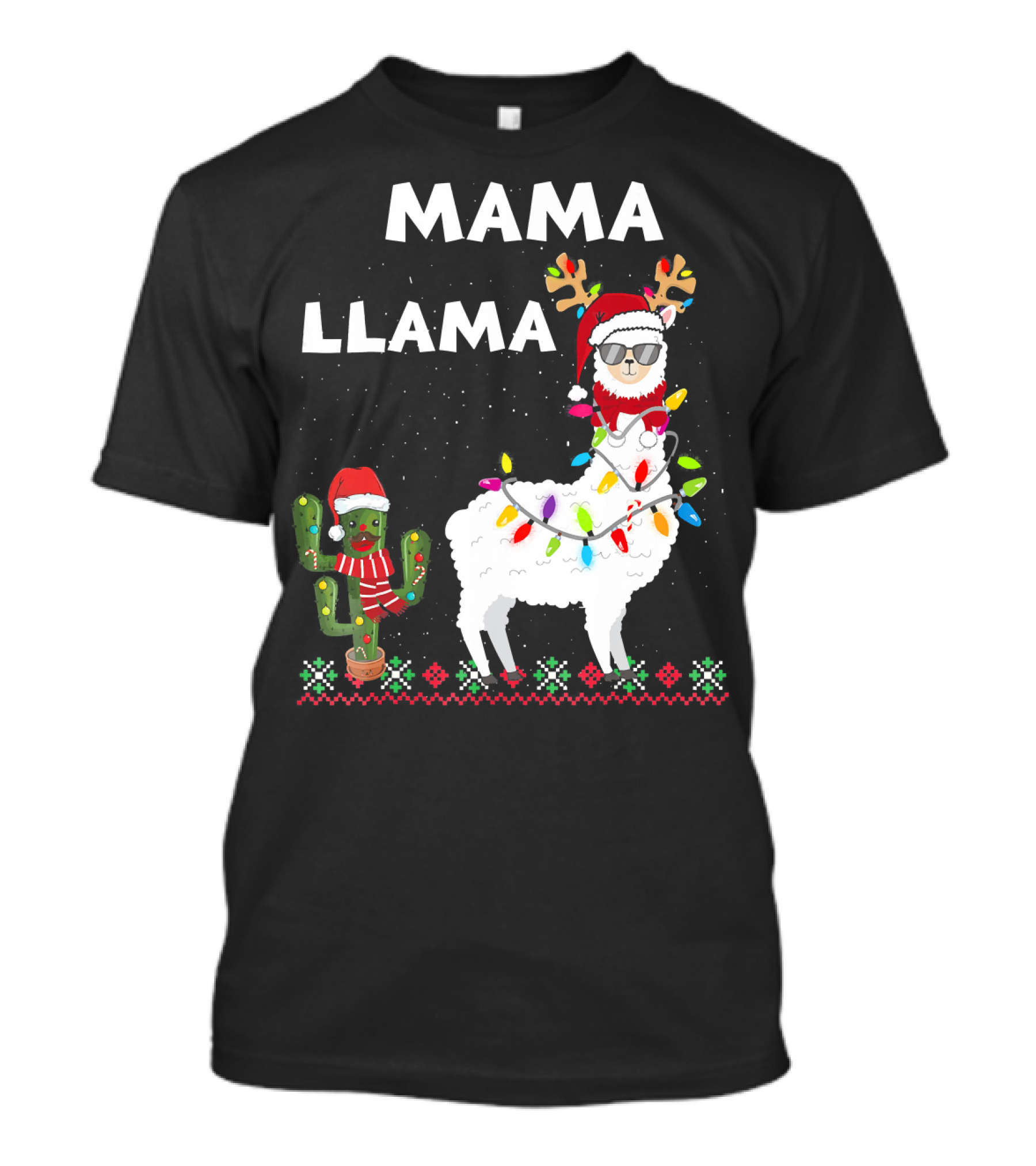 Mama Llama Christmas Family Matching Llama With Lights And Cactus Santa T-Shirt