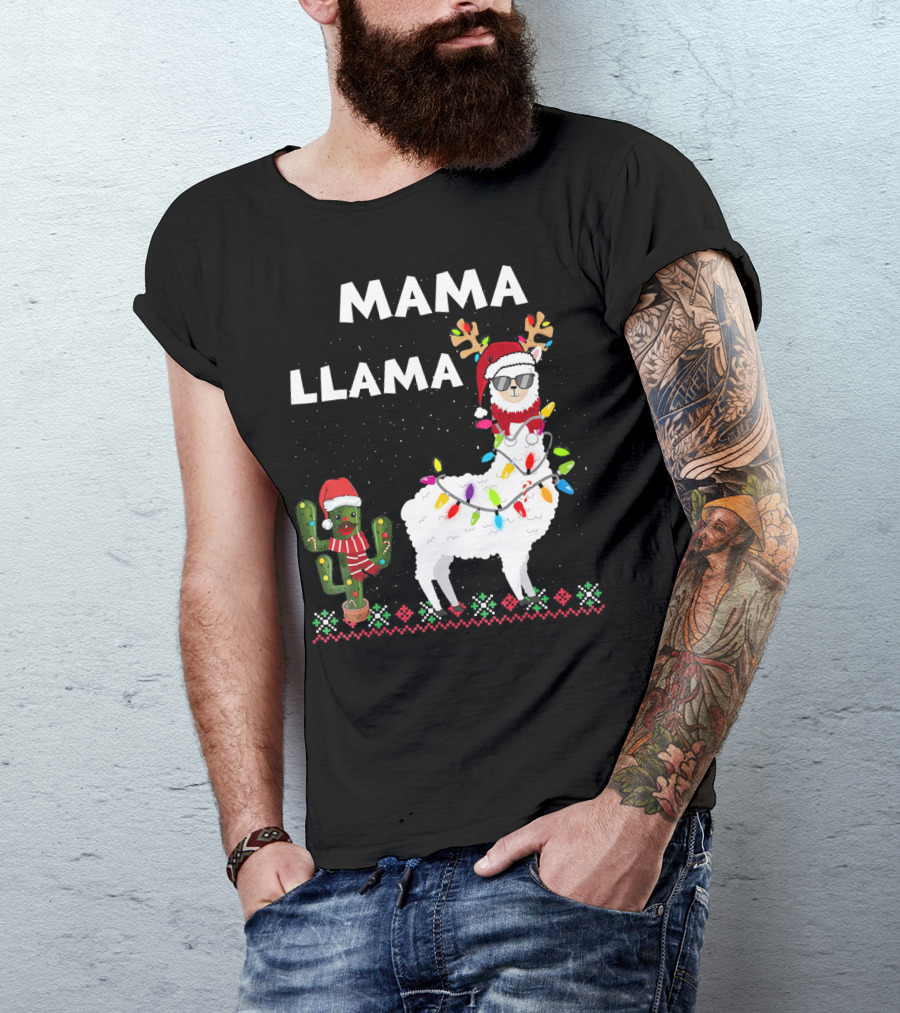 Mama Llama Christmas Family Matching Llama With Lights And Cactus Santa T-Shirt