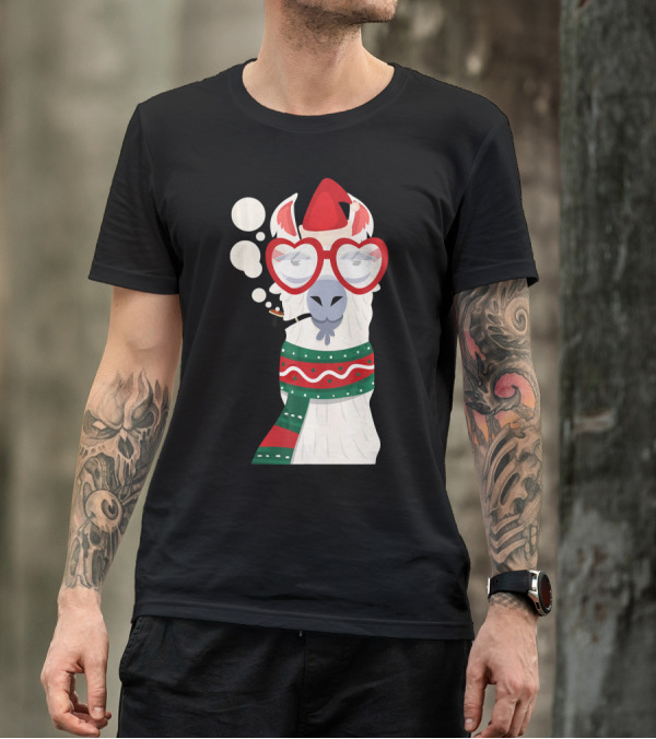Llama Alpaca Santa Hat Smoking Christmas Glasses Scarf T-Shirt