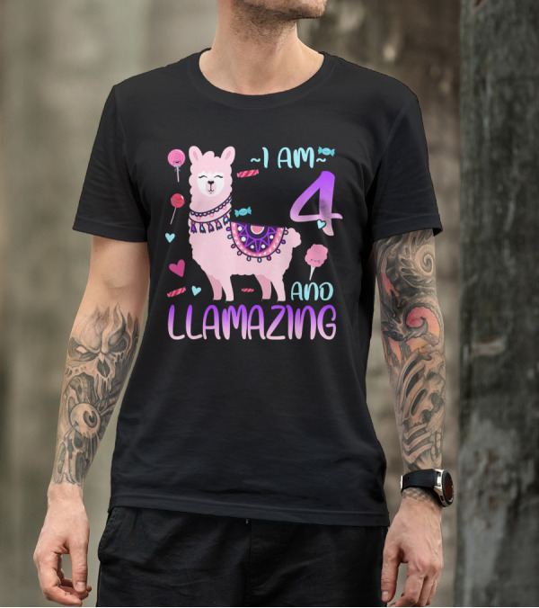 I Am 4 Years Old And Llamazing With Llama And Candy Elements T-Shirt