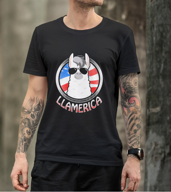 Llama America Llamerica Patriotic Sunglasses USA Flag Circle T-Shirt