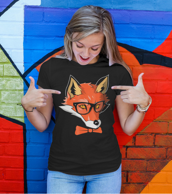 Hipster Fox With Glasses Orange Bow Tie Funny Zoo Animal T-Shirt