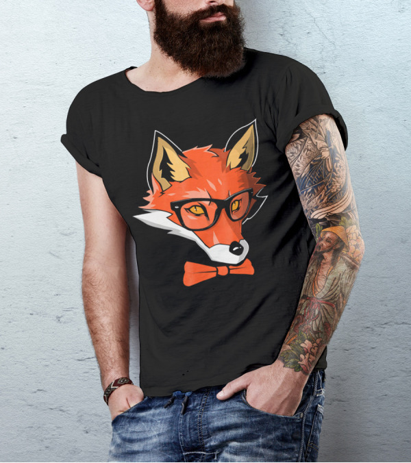 Hipster Fox With Glasses Orange Bow Tie Funny Zoo Animal T-Shirt