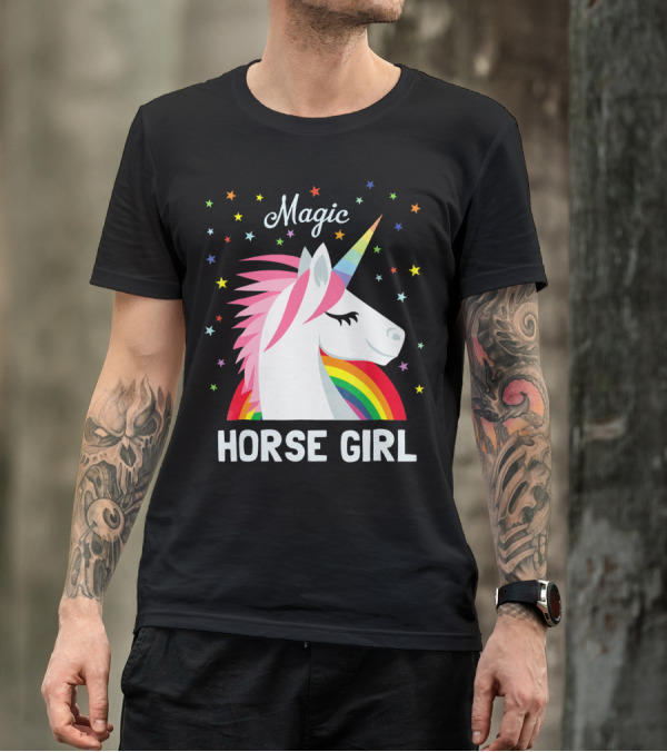 Magic Horse Girl Unicorn Rainbow Stars T-Shirt