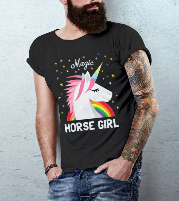 Magic Horse Girl Unicorn Rainbow Stars T-Shirt