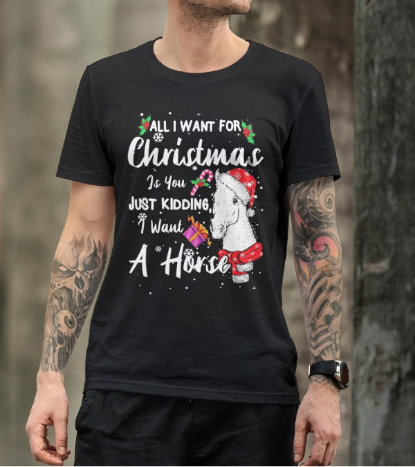 All I Want For Christmas Is You Just Kidding I Want A Horse Santa Hat Candy Cane Gift T-Shirt