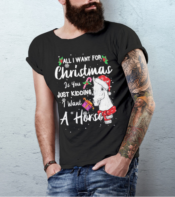 All I Want For Christmas Is You Just Kidding I Want A Horse Santa Hat Candy Cane Gift T-Shirt