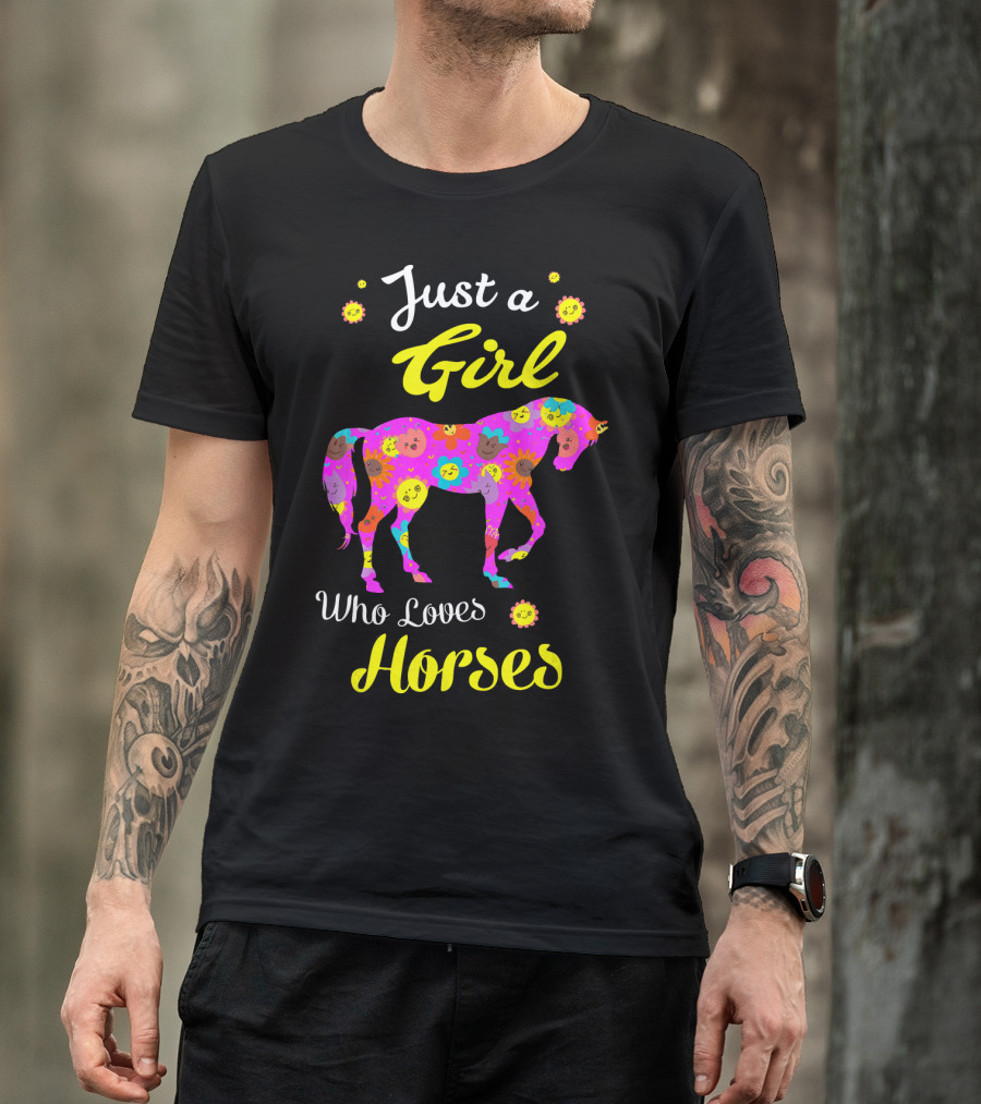 Just A Girl Who Loves Horses Colorful Floral Pattern Horse T-Shirt