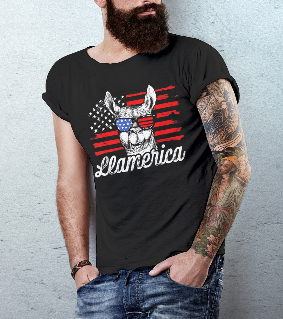Llama America Llamerica American Flag Sunglasses Stars Stripes T-Shirt