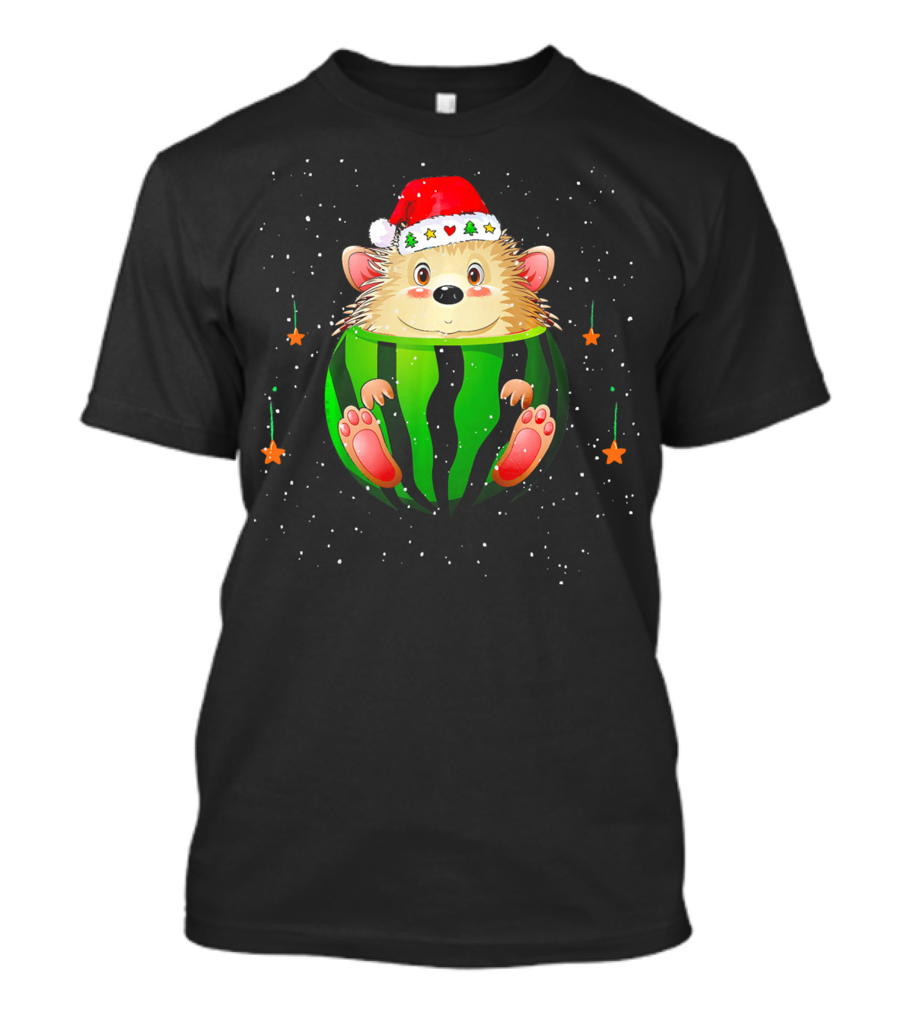 Christmas Hedgehog In Festive Watermelon Stocking With Santa Hat And Stars T-Shirt