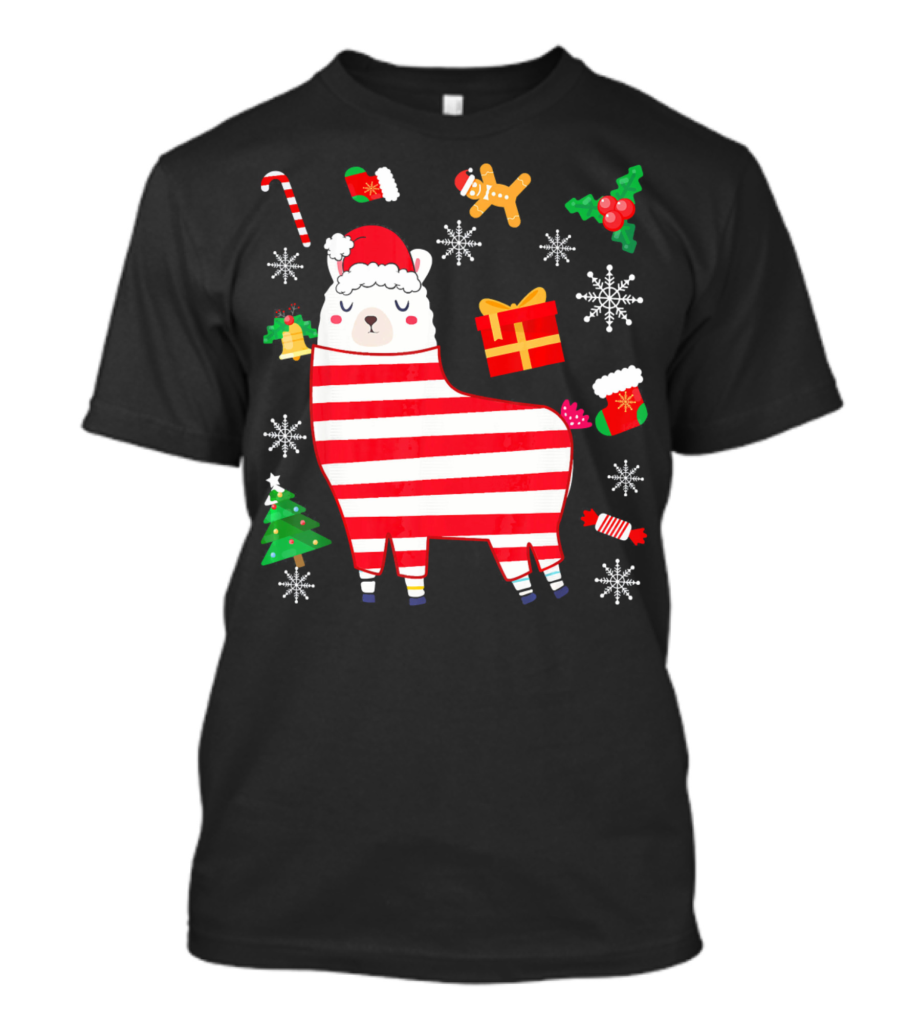 Llama Christmas Alpaca With Santa Hat And Candy Cane Xmas Cheer T-Shirt