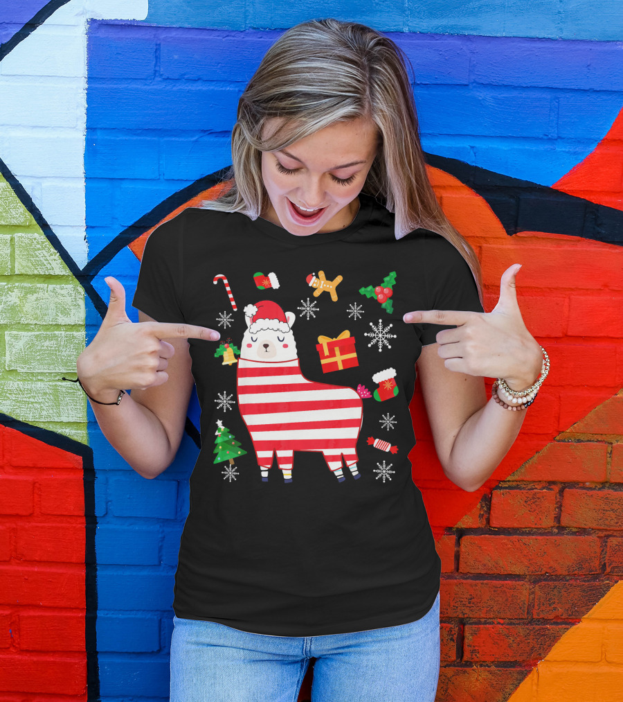 Llama Christmas Alpaca With Santa Hat And Candy Cane Xmas Cheer T-Shirt