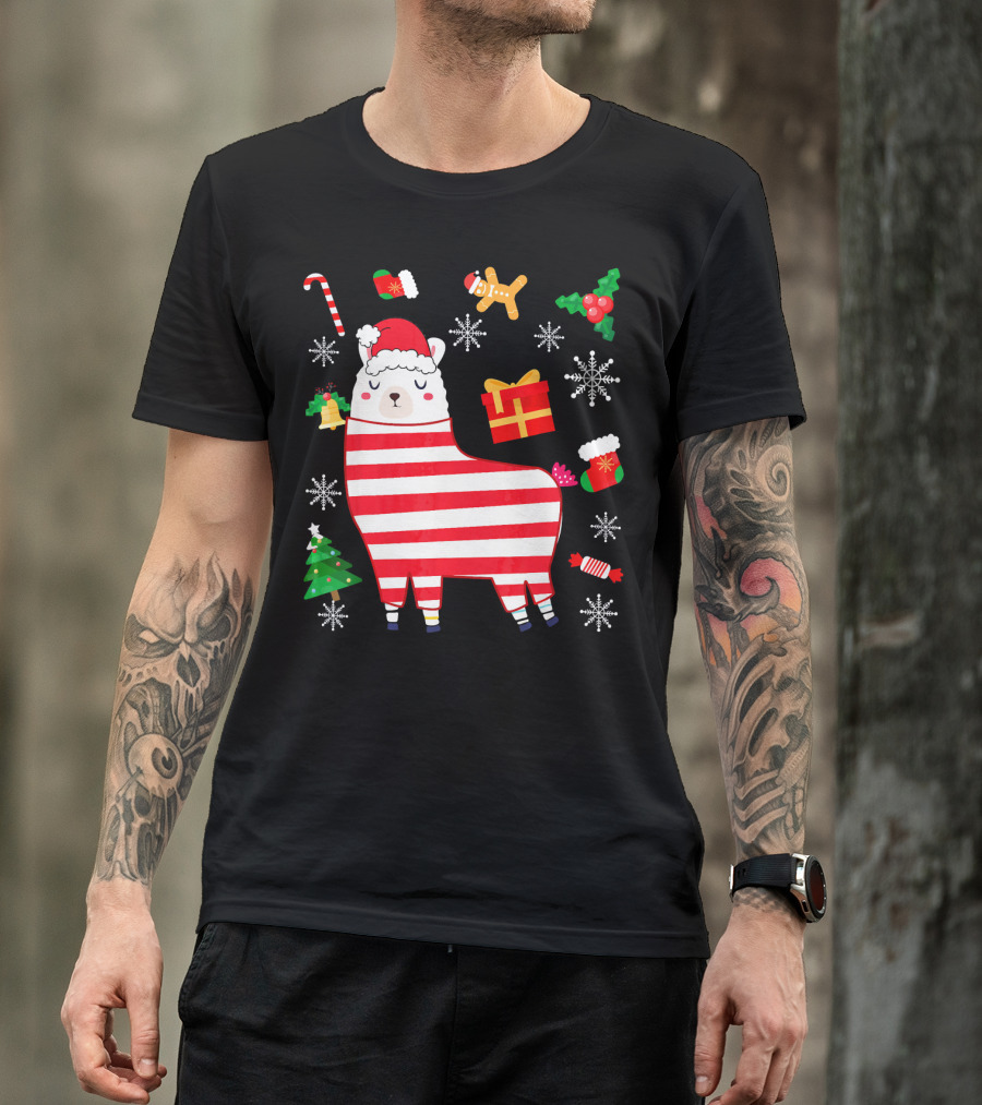Llama Christmas Alpaca With Santa Hat And Candy Cane Xmas Cheer T-Shirt