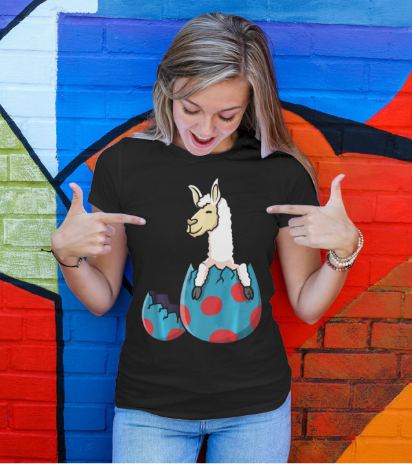 Llama Hatching From Polka Dot Easter Egg T-Shirt