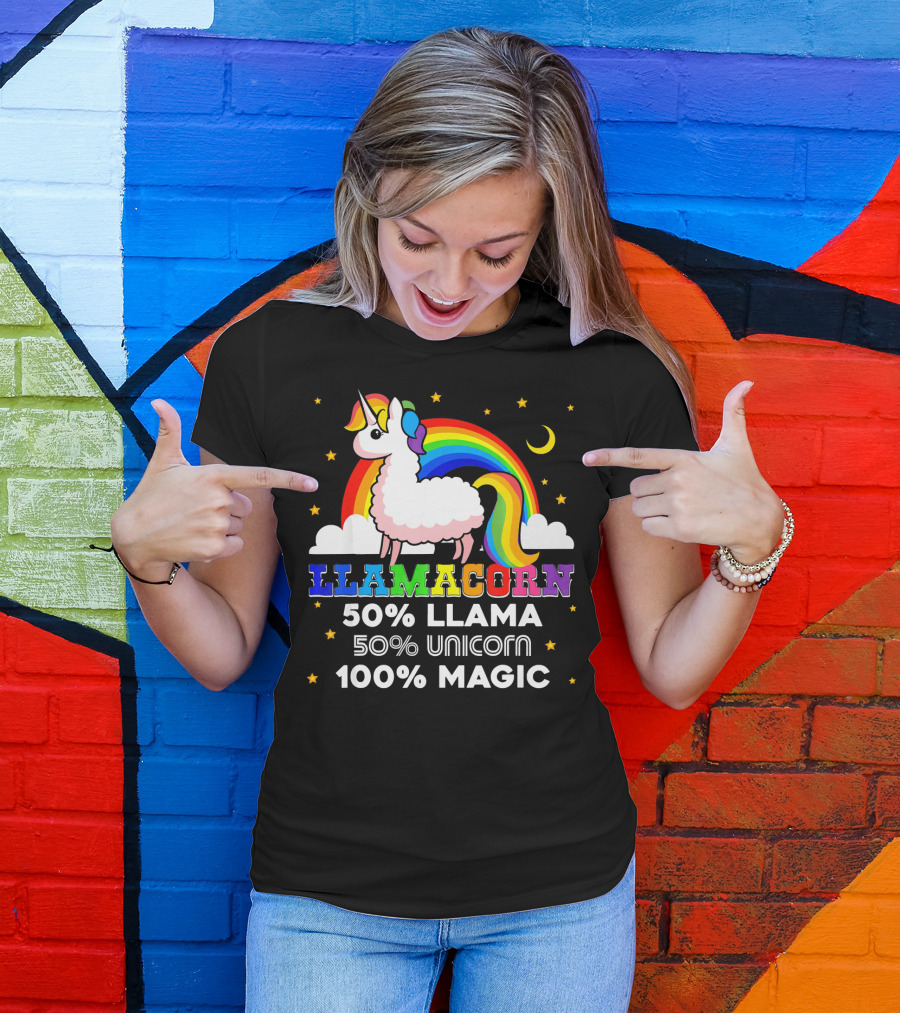 LLAMACORN 50% Llama 50% Unicorn 100% Magic Rainbow Moon Stars T-Shirt