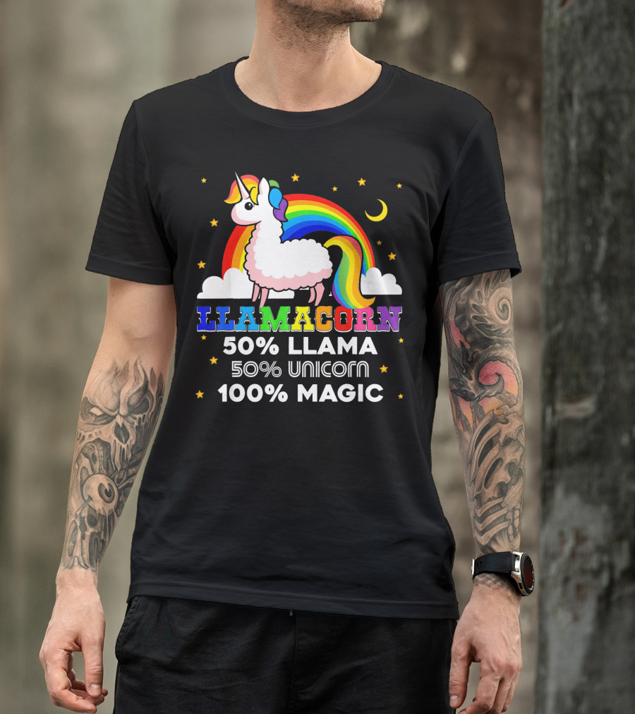 LLAMACORN 50% Llama 50% Unicorn 100% Magic Rainbow Moon Stars T-Shirt
