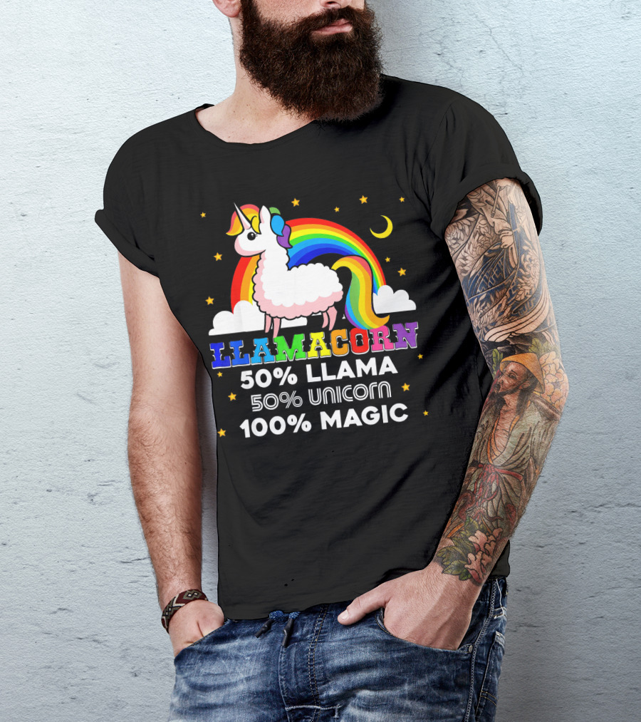 LLAMACORN 50% Llama 50% Unicorn 100% Magic Rainbow Moon Stars T-Shirt