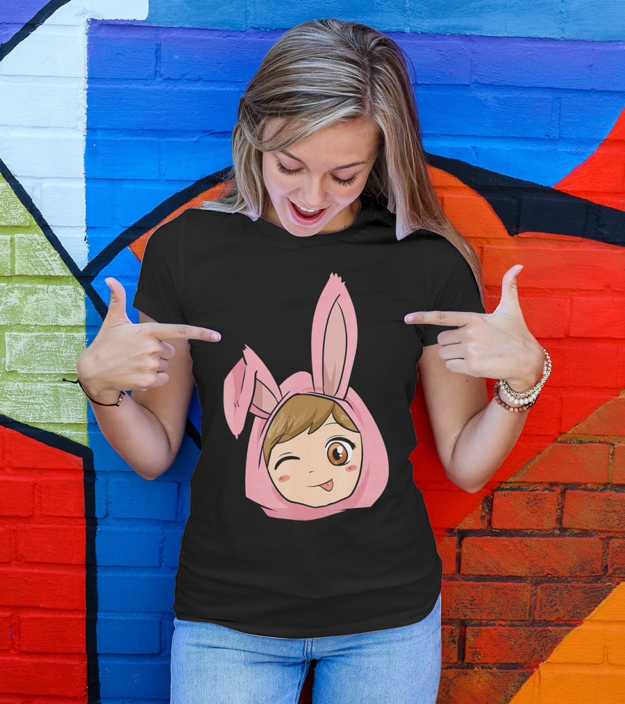Kawaii Anime Girl With Pink Bunny Ears Winking Playfully T-Shirt