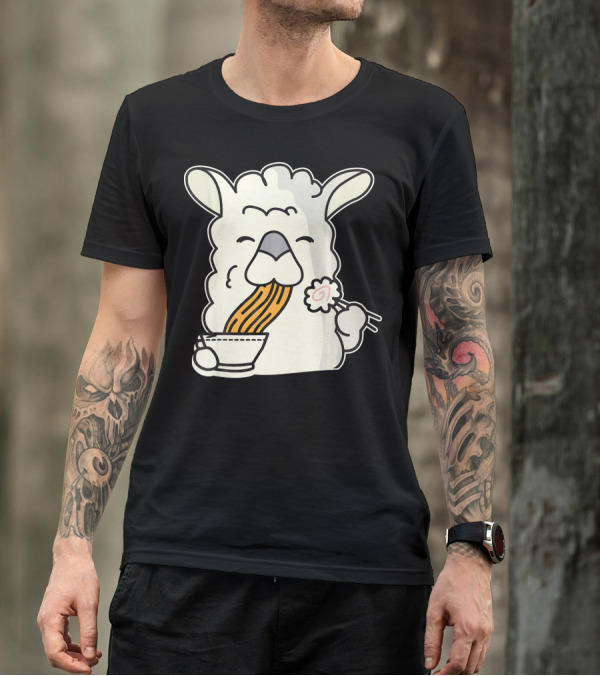 Llama Enjoying Ramen Noodles With Kawaii Expression T-Shirt