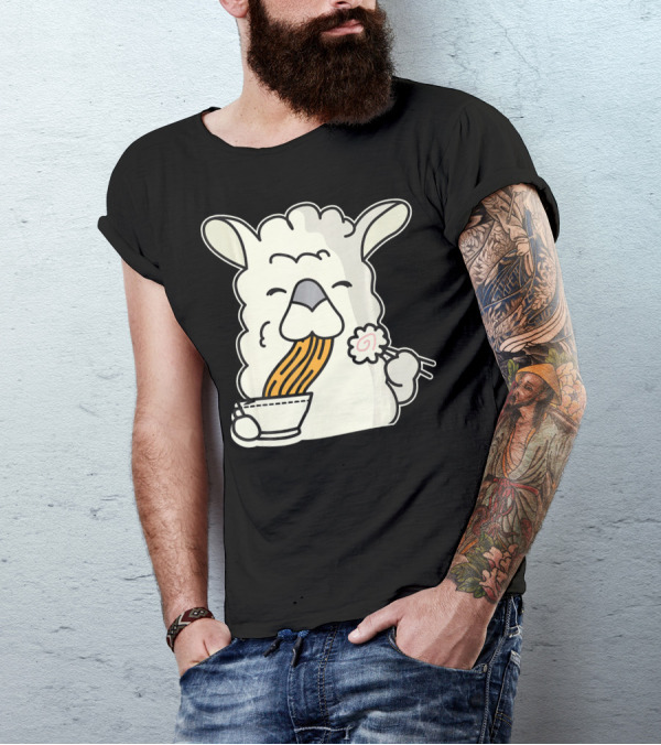 Llama Enjoying Ramen Noodles With Kawaii Expression T-Shirt