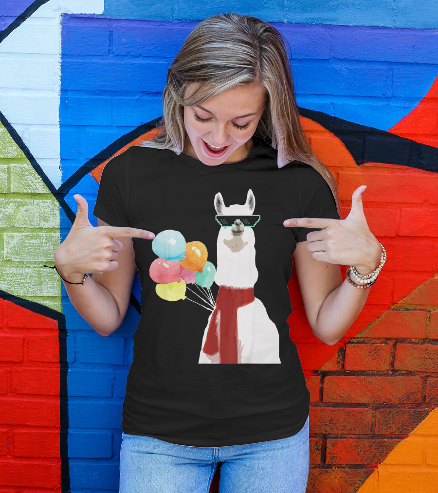 Llama Alpaca Sunglasses Funny Cool Lama With Colorful Balloons T-Shirt