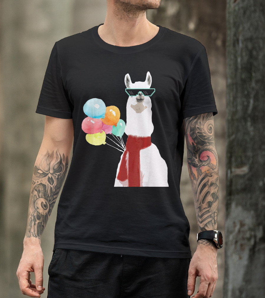 Llama Alpaca Sunglasses Funny Cool Lama With Colorful Balloons T-Shirt