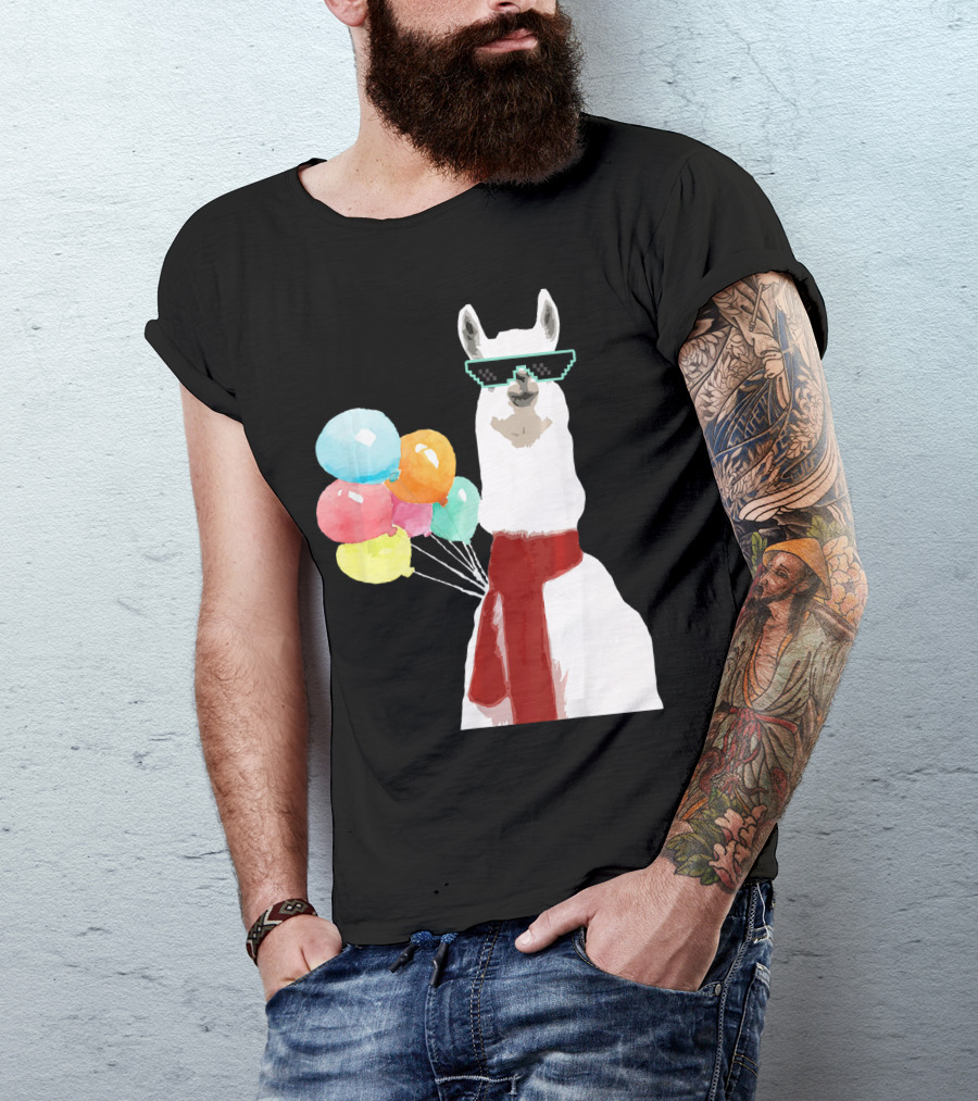 Llama Alpaca Sunglasses Funny Cool Lama With Colorful Balloons T-Shirt