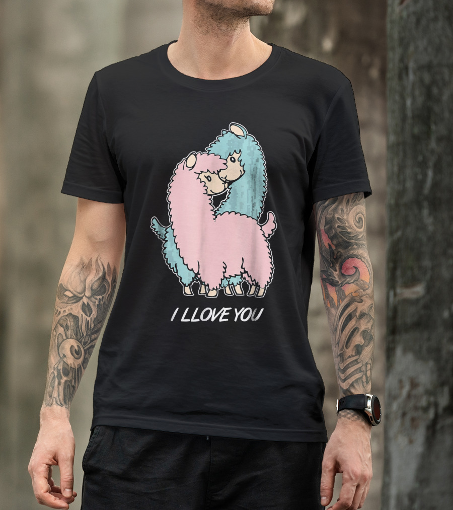 I LLOVE YOU Funny Llama Valentin Cute Alpaca Pair Hug T-Shirt