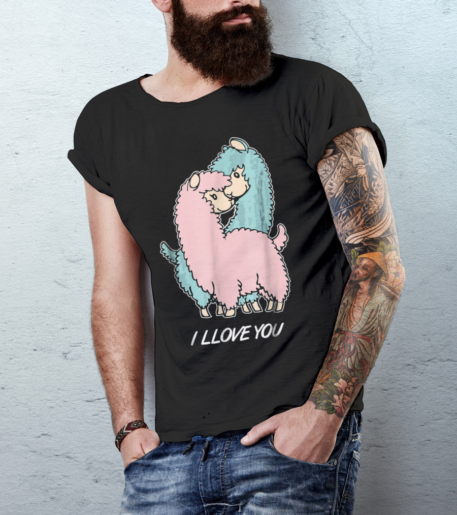 I LLOVE YOU Funny Llama Valentin Cute Alpaca Pair Hug T-Shirt