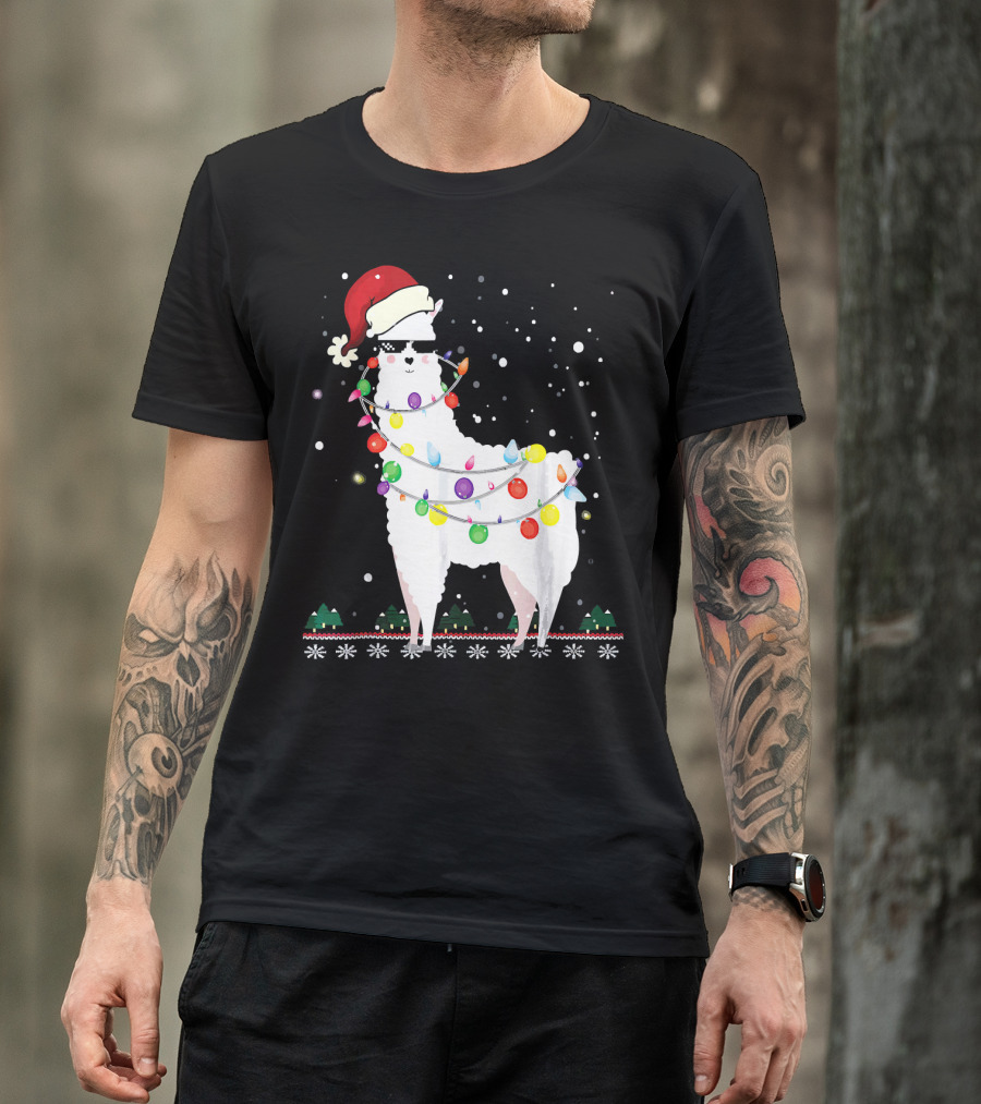 Llama Santa Hat Ugly Xmas Tree Alpaca Lights T-Shirt