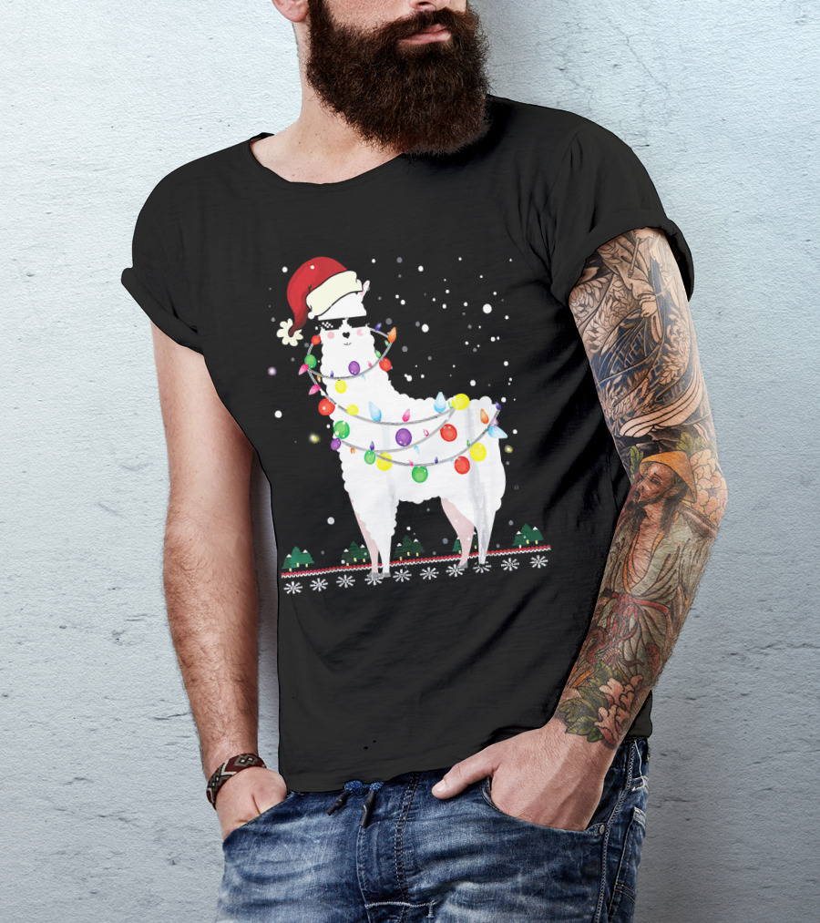 Llama Santa Hat Ugly Xmas Tree Alpaca Lights T-Shirt