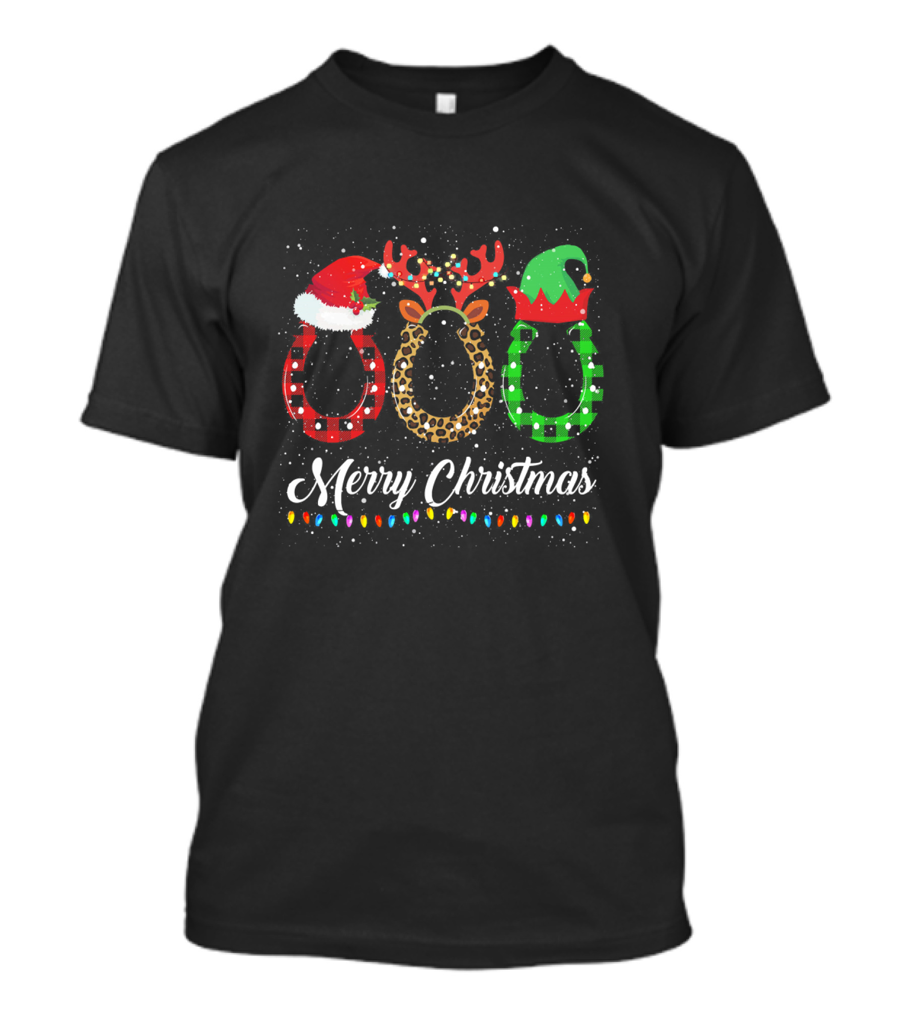 Merry Christmas Horseshoe Lights Reindeer Elf Santa Hat T-Shirt