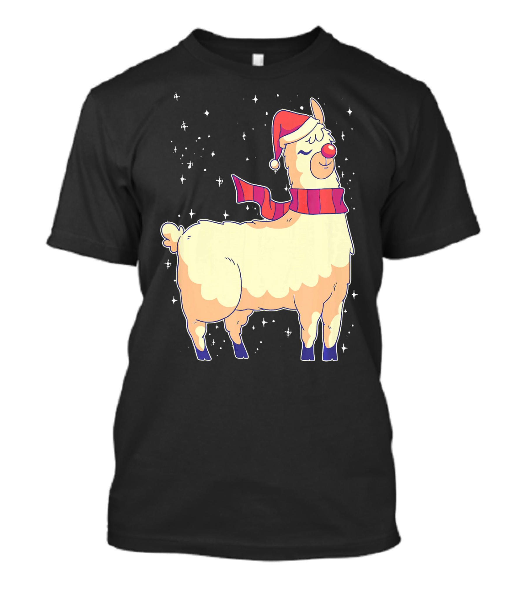 Llama Alpaca Christmas Reindeer Santa Hat Scarf Snowflakes T-Shirt
