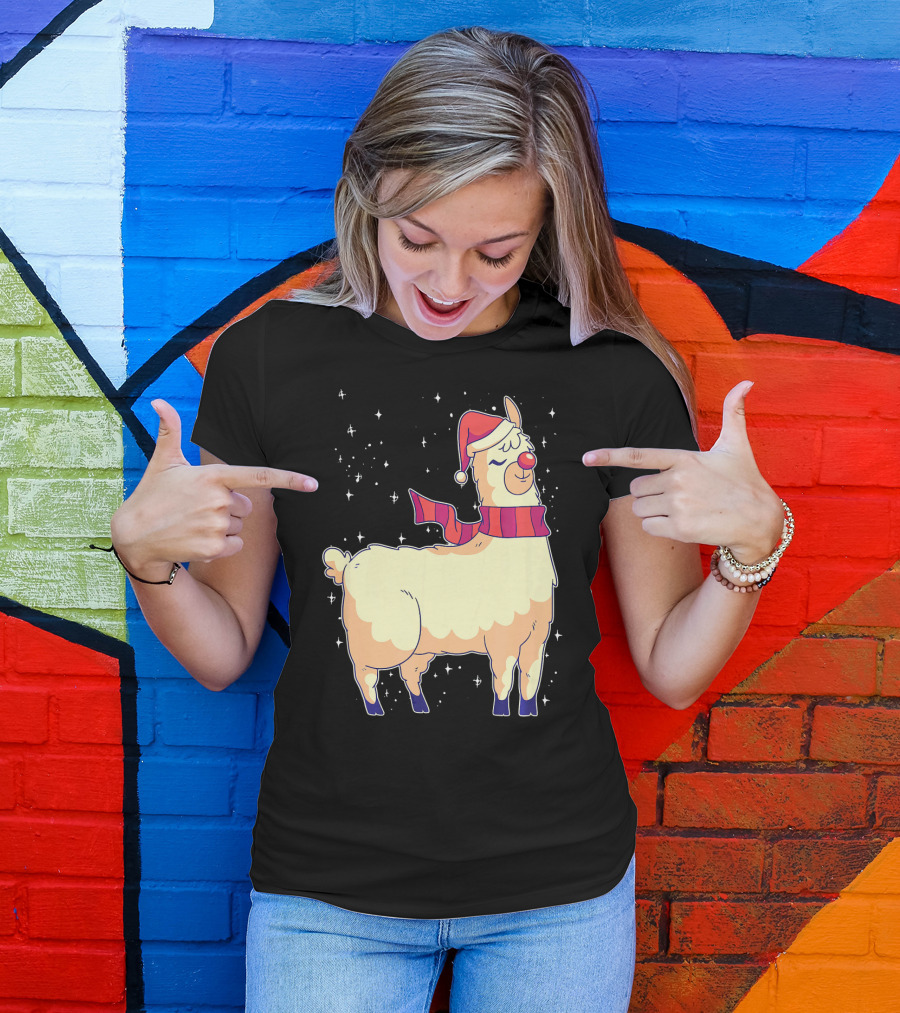 Llama Alpaca Christmas Reindeer Santa Hat Scarf Snowflakes T-Shirt
