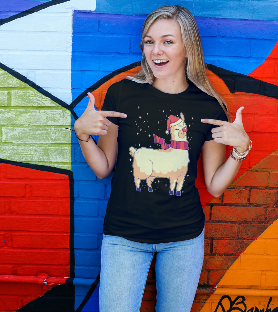Llama Alpaca Christmas Reindeer Santa Hat Scarf Snowflakes T-Shirt