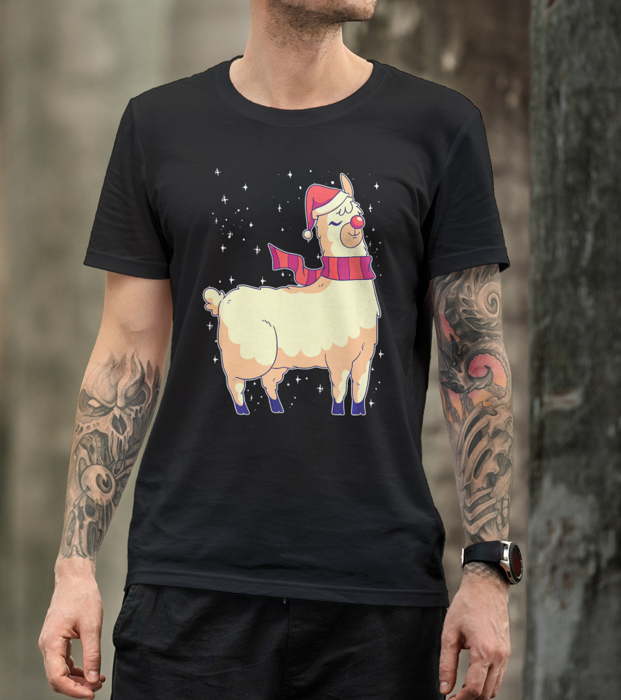 Llama Alpaca Christmas Reindeer Santa Hat Scarf Snowflakes T-Shirt