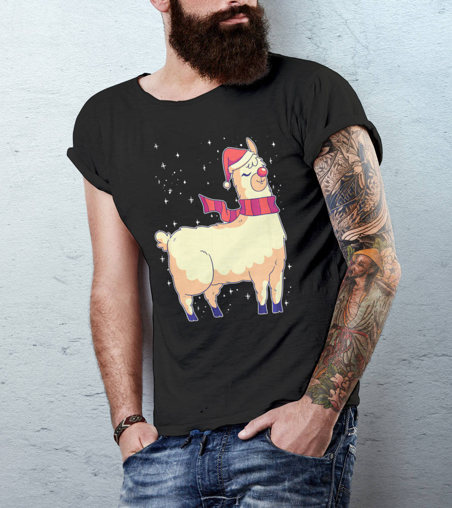 Llama Alpaca Christmas Reindeer Santa Hat Scarf Snowflakes T-Shirt