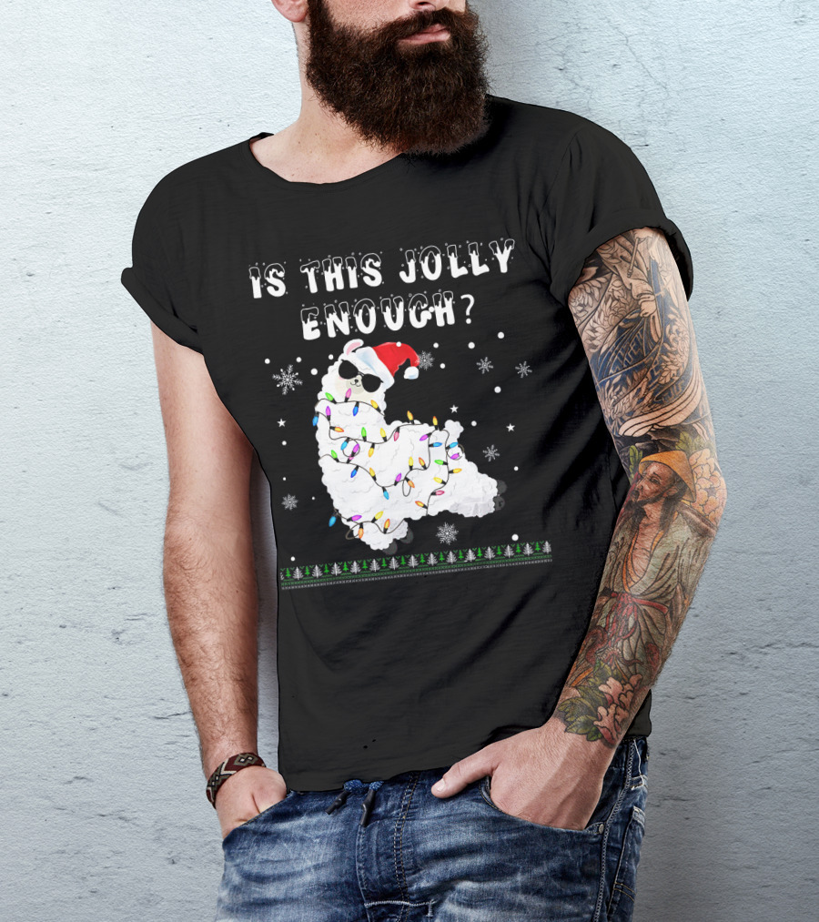 Is This Jolly Enough Llama Wrapped In Christmas Lights With Santa Hat T-Shirt
