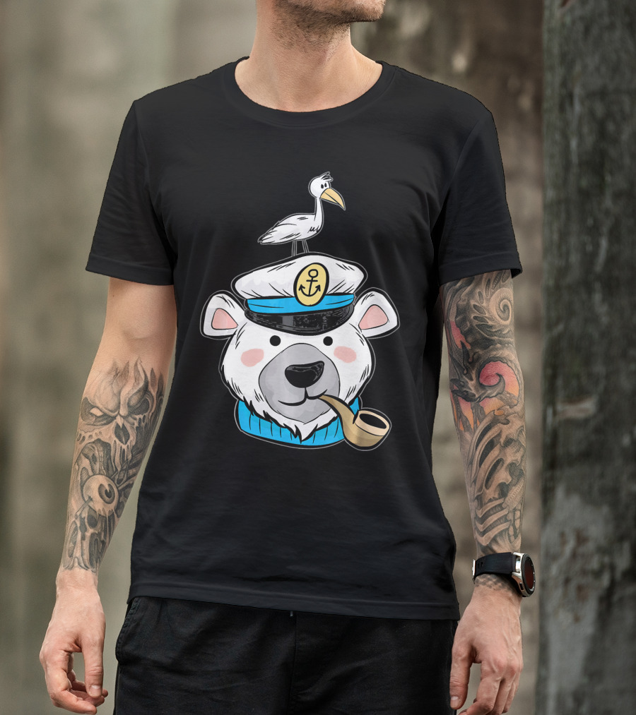 Ice Bear Captain Hat Anchor Pipe Bird T-Shirt