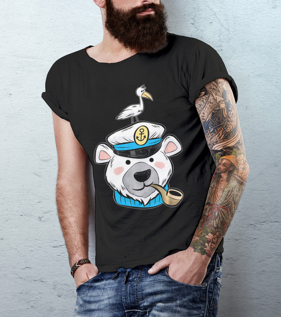 Ice Bear Captain Hat Anchor Pipe Bird T-Shirt