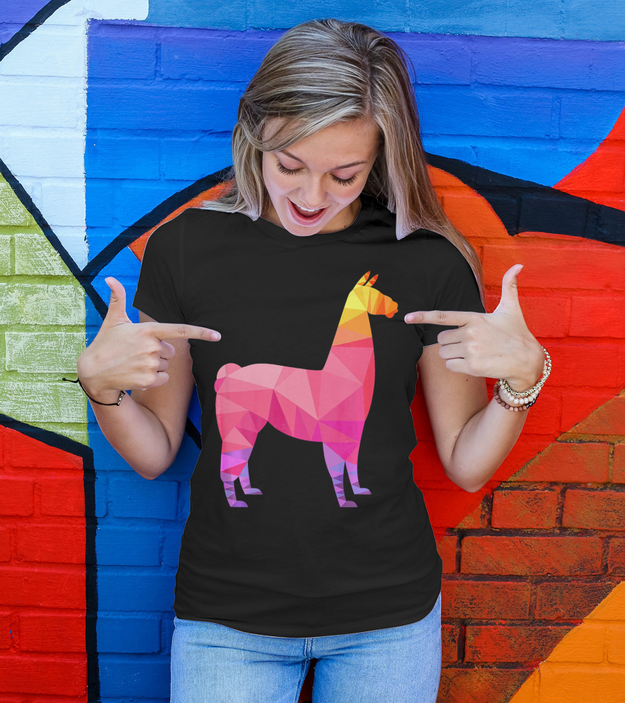 Llama Low Poly Geometric Rainbow Triangular T-Shirt