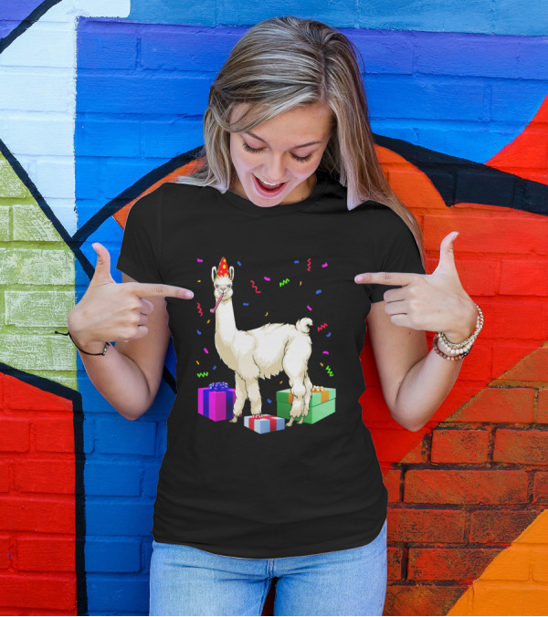 Birthday Llama With Party Hat And Presents Confetti T-Shirt
