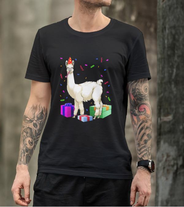 Birthday Llama With Party Hat And Presents Confetti T-Shirt