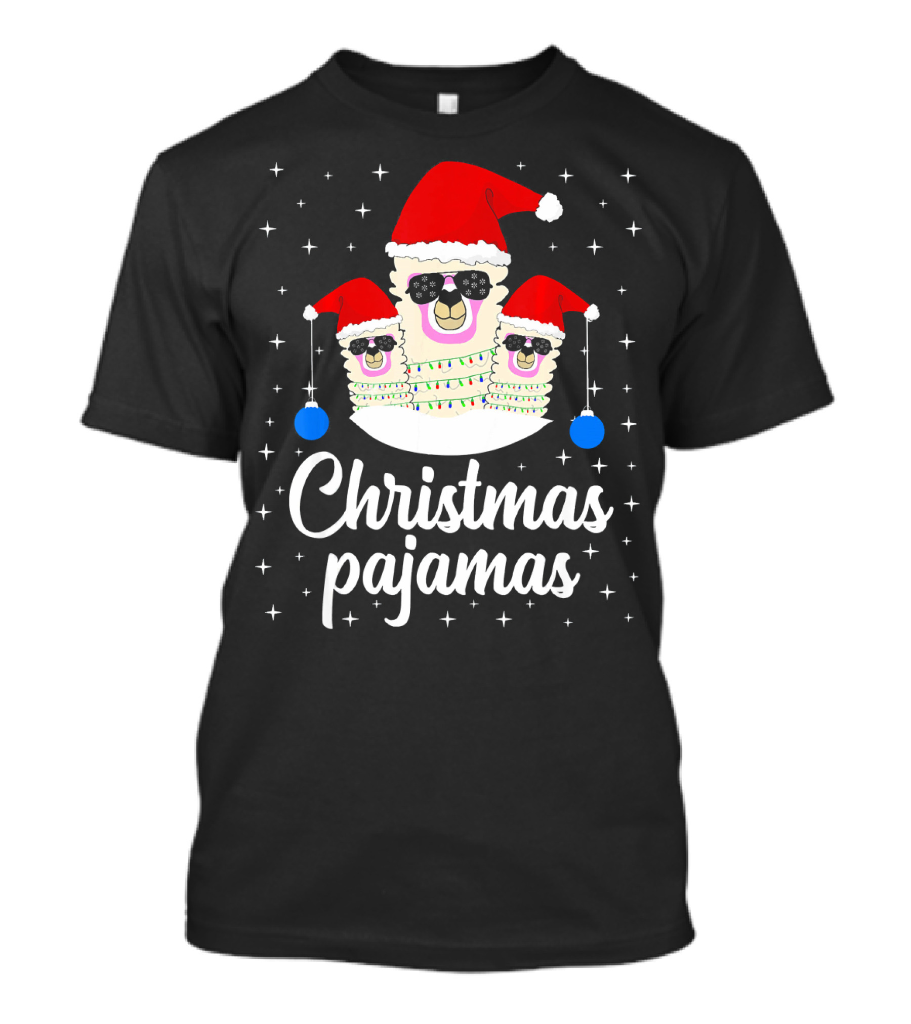 Llama Christmas Pajamas Funny Alpaca Mer Santa Hat Sunglasses T-Shirt