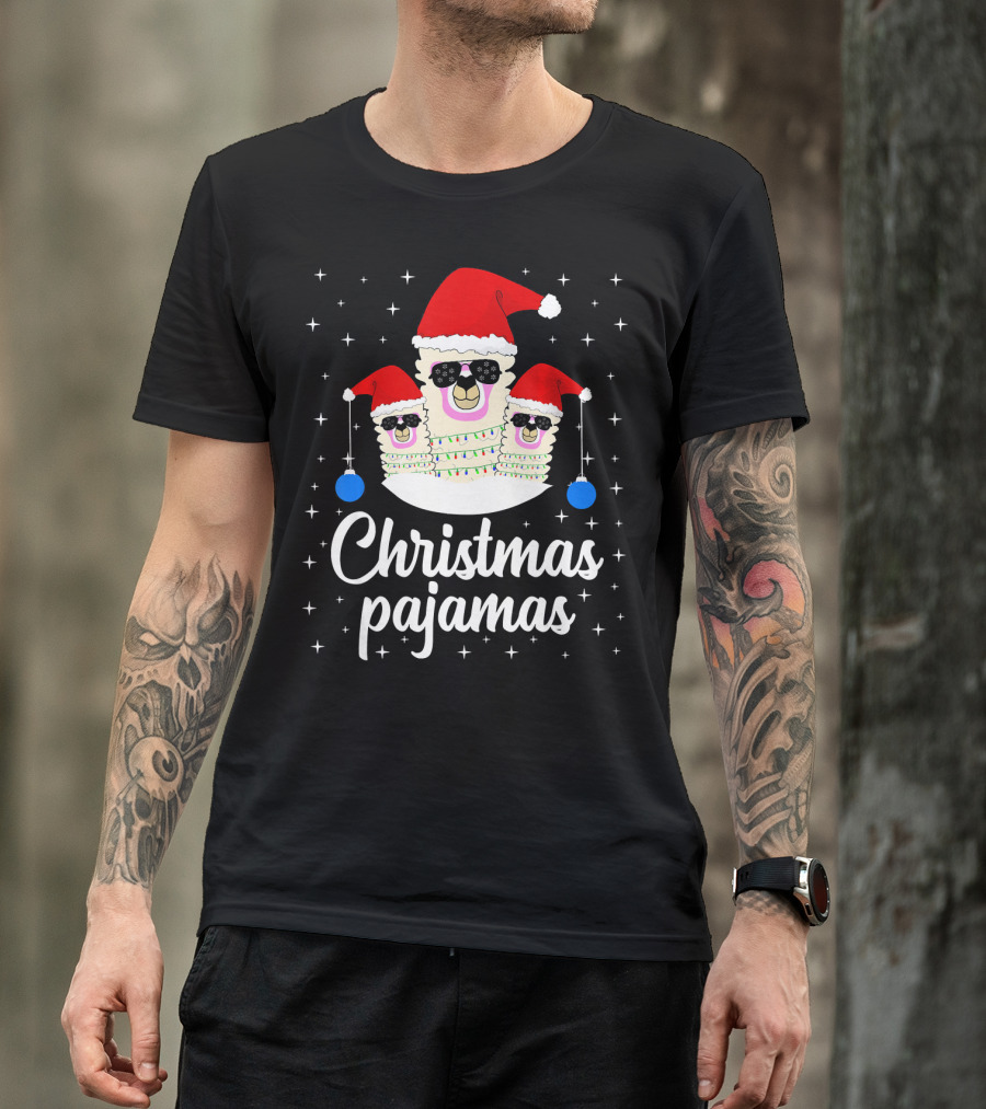 Llama Christmas Pajamas Funny Alpaca Mer Santa Hat Sunglasses T-Shirt